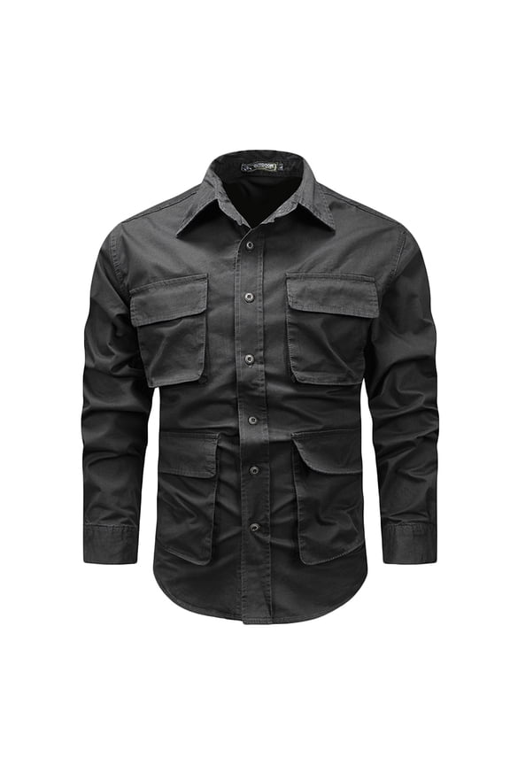 Men's Tactical Button Shirt Outdoor Hiking Ripstop Work Shirt Long Sleeve Lapel Plain Pockets Tops 2025 Early Fall Fashion Shirts Black,L