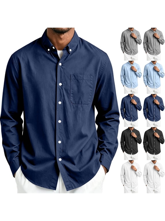 Mens Big and Tall Cotton Button Down Shirts Long Sleeve Solid Dress Tops Lapel Collar Casual Office Wear with Chest Pocket White,3XL