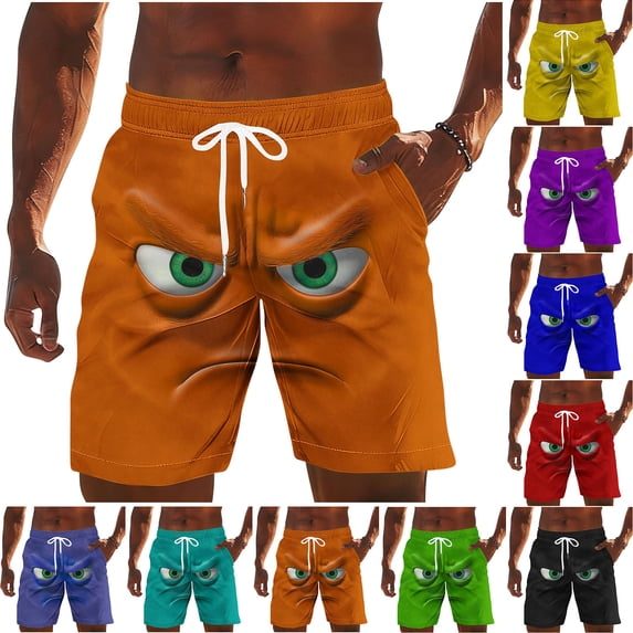 Lcziwo Mens Drawstring Board Shorts Funny Face Print Loose Bathing Suit Elastic Waist Quick Dry Beach Swim Trunks Green,S
