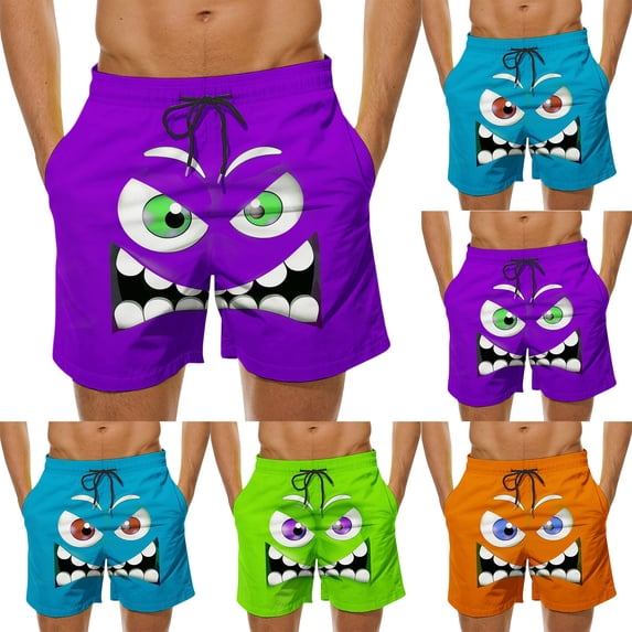 Lcziwo Mens Face Print Swim Trunks Drawstring Elastic Waist Quick Dry Shorts Beach Board Casual Comfy Bathing Suit Orange,S