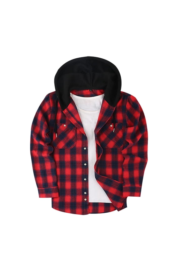 Mens Hooded Plaid Shirt Jacket Casual Fashion Fall 2025 Blouses Long Sleeve Button Up Tops Drawstring Pocket Lightweight Flannel Outerwear Watermelon Red,S