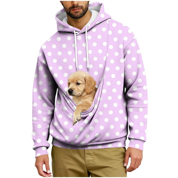 Lcziwo Mens Hoodies with Pet Pouch Fall Winter Warm Cute Kangaroo Pullover Casual Soft Polka Dot Print Sweatshirt Trendy Clothes Purple,XL