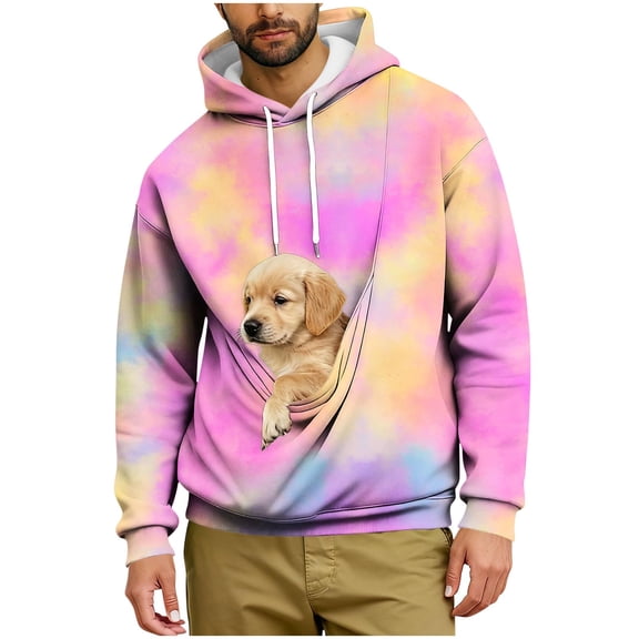 Lcziwo Mens Hoodies with Pet Pouch Fall Winter Warm Cute Kangaroo Pullover Casual Soft Tie Dye Sweatshirt Trendy Clothes Hot Pink,S