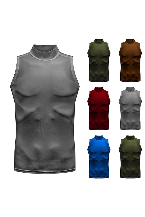 Mens Mock Turtleneck Tank Tops Quick Dry Sleeveless Solid Tops Compression Fitness Workout Sports Shirts Blue,L