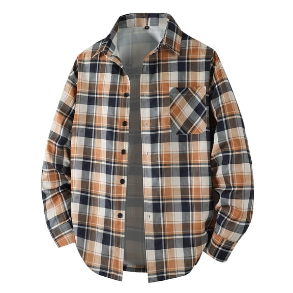 Lcziwo Mens Plaid Flannel Shacket Lapel Collared Long Sleeve Tops Lightweight Button Up Loose Blouses Relaxed Fit Casual Jackets Khaki,L