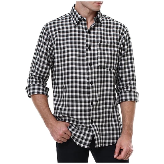 Lcziwo Mens Plaid Long Sleeve Shirts Casual Regular Fit Loose Shirts Button Down Lapel Tshirts Checkered Lightweight Tops 2025 Black,S