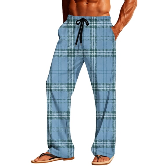 Lcziwo Mens Plaid Pj Bottoms with Pockets Casual Lightweight Flannel Trousers Straight Leg Drawstring Pajama Pants Blue,M