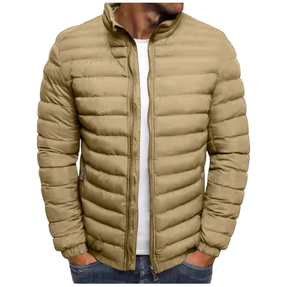 Lcziwo Mens Puffer Quilted Coat Padded Winter Warm Pockets Jacket Zipper Plain Lightweight Casual Outerwear 2025 Khaki,XXL