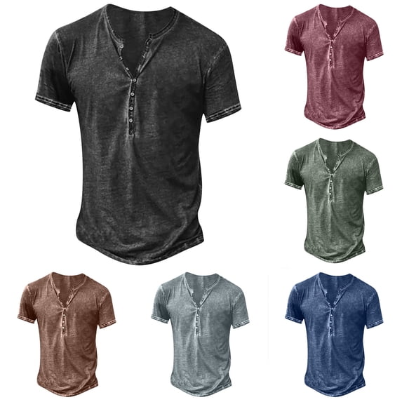 Lcziwo Mens Short Sleeve Cotton Shirts Henley Button Down Muscle Tops Retro Distressed Washed Summer T-Shirts Blue,XXL