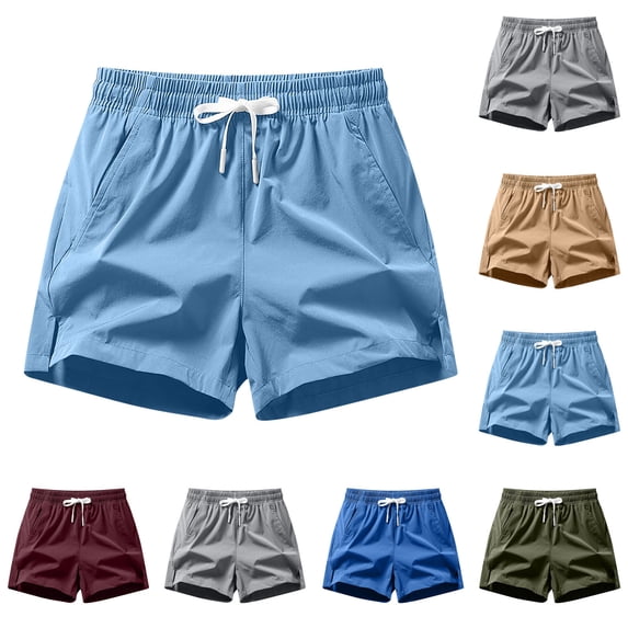 Lcziwo Mens Stretchy Workout Shorts Side Slit Elastic Waist Shorts Drawstring Solid Casual Comfy Shorts with Pockets Light Blue,S
