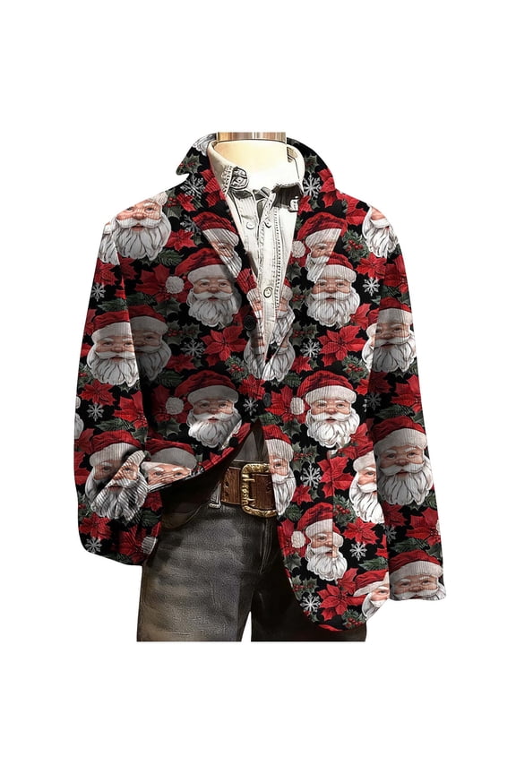 Mens Ugly Christmas Suit Jacket Corduroy Holiday Party Printed Blazers 3 Button Casual Business Sport Coat Single Breasted Lapel Jackets Red,XL