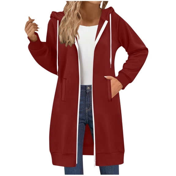 Lcziwo Oversized Full Zip Hoodies for Women Solid Drawstring Double Zipper Jackets Athletic Pockets Long Comfy Coats Casual Trendy Fall Winter Tops Red,M