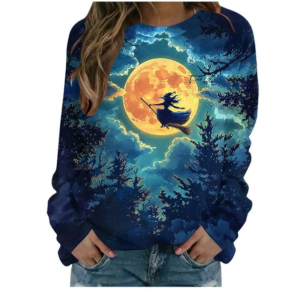 Lcziwo Oversized Halloween Sweatshirt for Women Graphic Hocus Pocus Fashion Tops Long Sleeve Round Neck Shirts Witches Print Retro Scary Pullover Blue,L