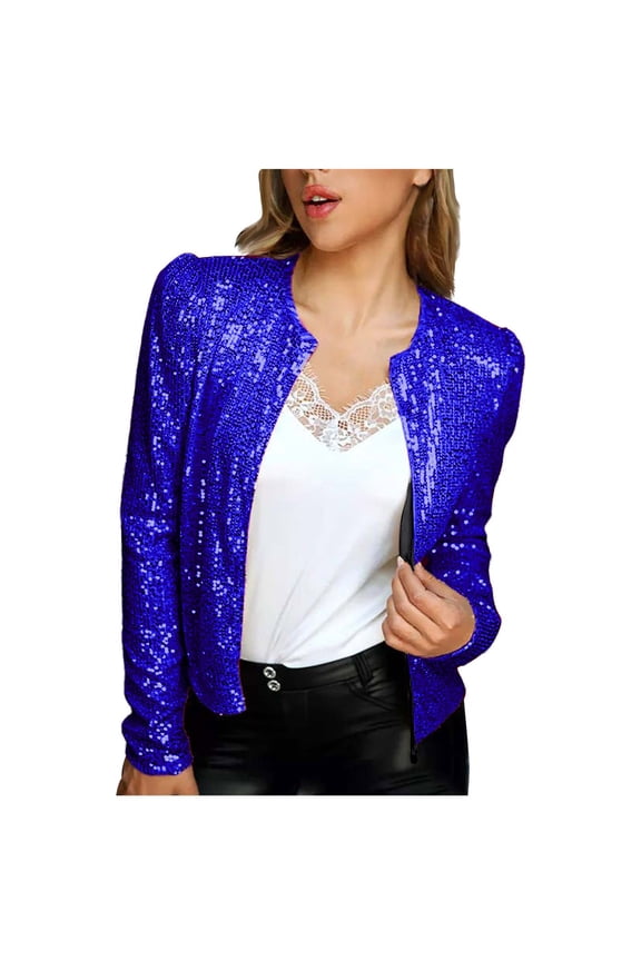 Party Coats for Women Long Sleeve Sequin Print Jackets Open Front Glitter Cropped Coats Club Evening 2025 Casual Outerwear Blue,S