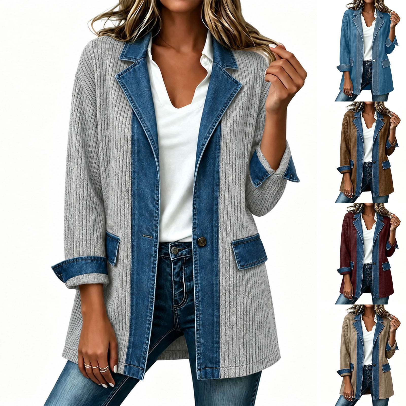 Lcziwo Patchwork Denim Jackets for Women Notch Collar Ribbed Knit ...