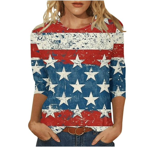 Lcziwo Patriotic Shirts for Women Stars and Stripes Print Blouses Three Quarter Sleeve Crew Neck Comfy Tops Casual Dressy Summer 2025 Tees Blue,XXL