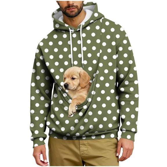 Lcziwo Pet Pocket Hoodie Men Long Sleeve Cat Dog Pouch Sweatshirt Unisex Casual Loose Polka Dot Print Pullover Fall Fashion Clothes Green,XXL