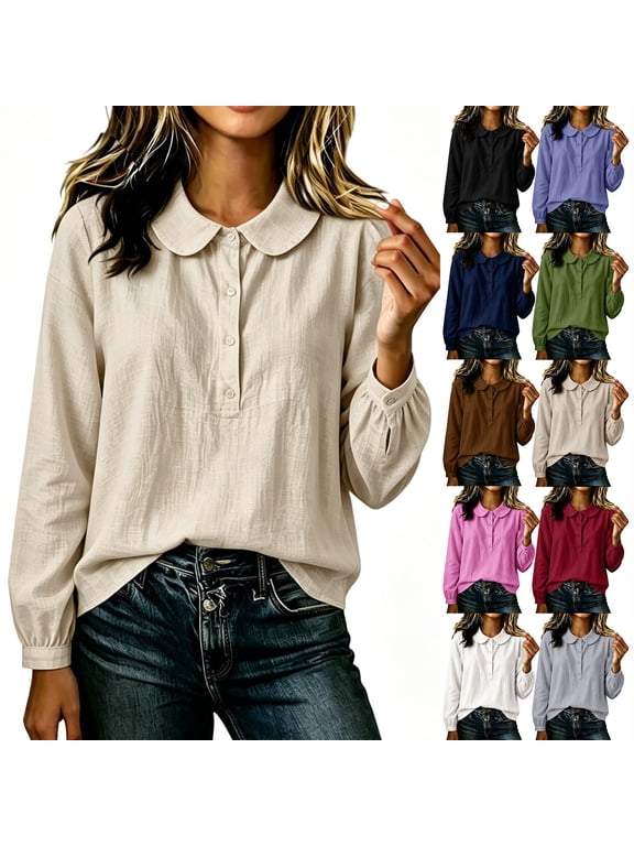 Peter Pan Collar Blouse for Women Cotton Linen Button Up Casual Tops Puff Long Sleeve Peasant Cute Shirts Beige,S