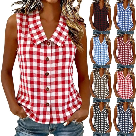 Lcziwo Peter Pan Collar Shirt for Women Dressy Summer Business Work Blouses Gingham Sleeveless Button Down Tank Top Black,S