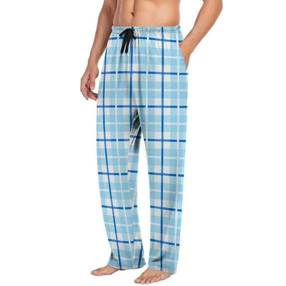 Lcziwo Plaid Pajama Pants for Men Elastic Waist Drawstring Loungewear Lightweight Flannel Straight Leg Pj Pants Sleep Bottoms with Pockets Sky Blue,M