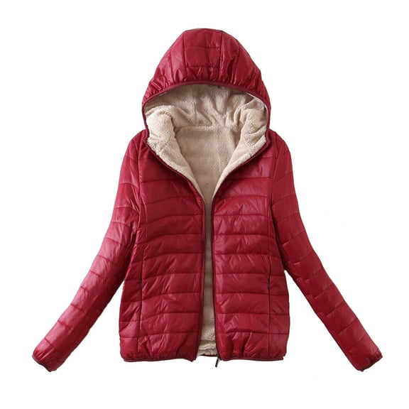 Lcziwo Plus Size Down Coats for Women Lightweight Puffer Plain Coats Long Sleeve Full Zip Short Jackets Warm Hooded Winter 2025 Coats Red,L