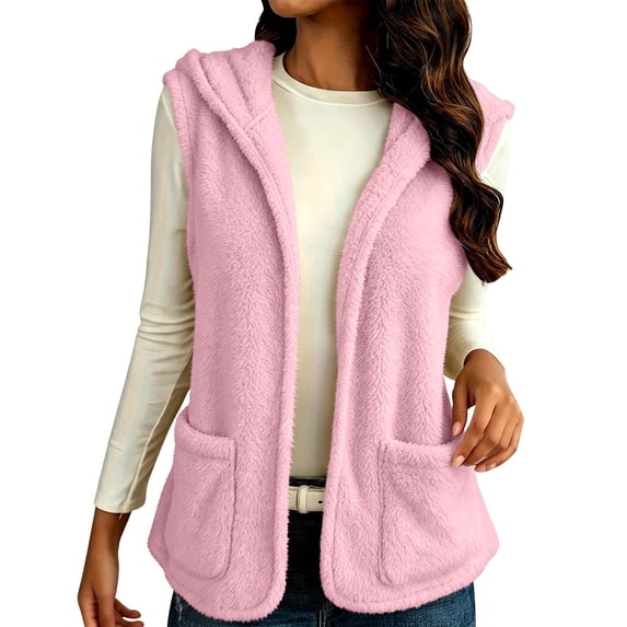 Lcziwo Plus Size Fuzzy Fleece Vest for Women Sleeveless Pockets Open Front Cardigan Faux Fur Winter Warm Hoodies Pink,XXXL