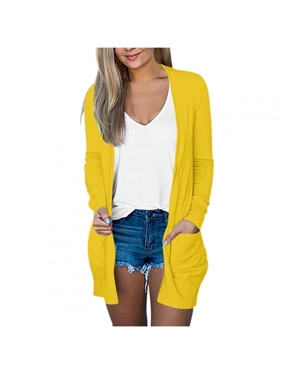Plus Size Long Cardigan for Women Baggy Comfy Fall Spring Outerwear Long Sleeve Solid Color Coats Open Front Casual 2025 Jackets with Pockets Yellow,S