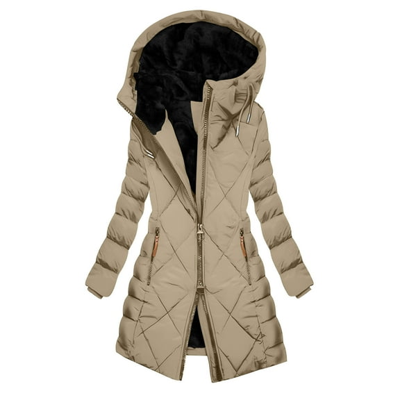 Lcziwo Plus Size Long Hoodie Coats for Women Weather Resistant Zip Up Jackets Fleece Lined Padded Quilted Parkas with Pockets Beige,XXXL