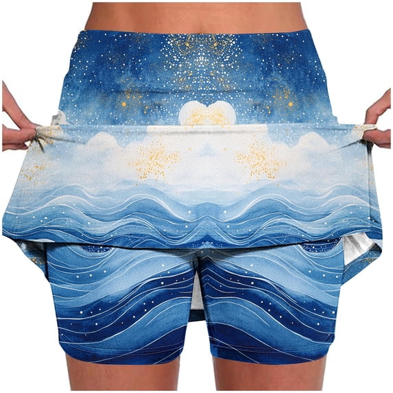 Lcziwo Plus Size Skorts for Women with Pockets High Waisted Stretchy Bohemian Print Skirt Tennis Golf Workout Running Casual Skorts Blue,XXXL