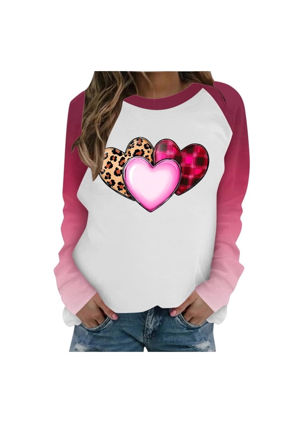 Plus Size Sweatshirts for Women Raglan Long Sleeve Leopard Heart Graphic Pullover Tops Lover Gift Crewneck Shirts Multicolor,XXXL