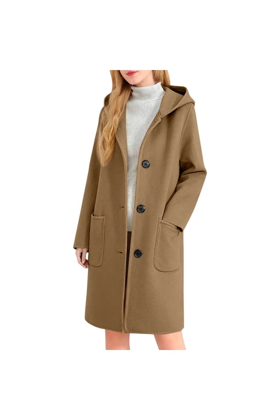 Plus Size Winter Pea Coats for Women Mid-Length Wool Blend Jackets Single Breasted Hoodie Coat with Pockets Casual Fashion Fall Loose Outerwear 2025 Coffee,S