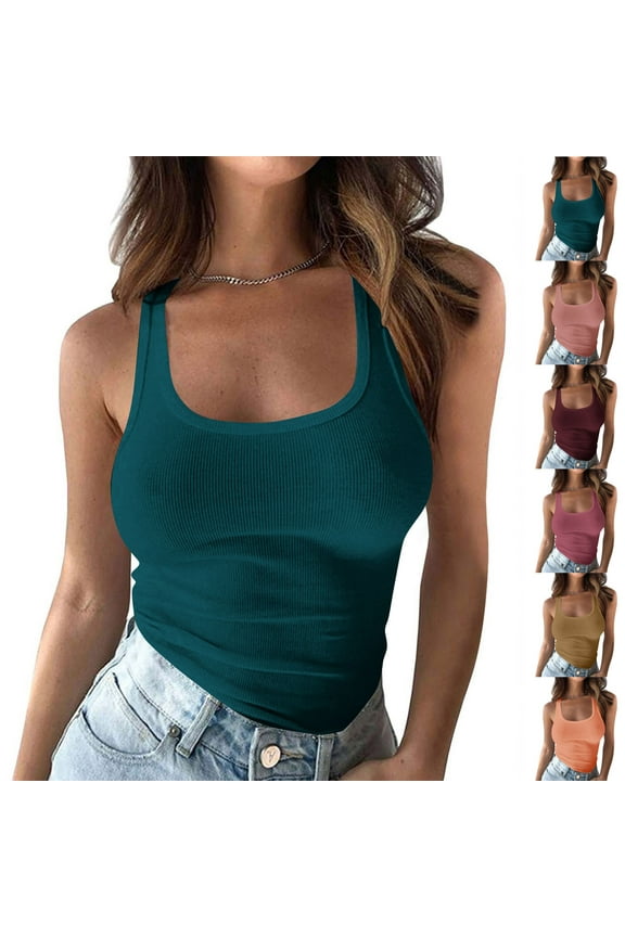 Plus Size Women’S Scoop Neck Tank Top Ribbed Sleeveless Solid Cami Workout Y2k Casual Basic Tops Pink,XXXXL