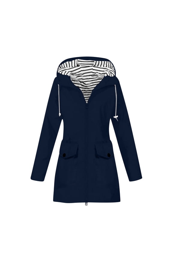 Plus Size Womens Raincoat Casual Outdoor Hiking Travel Trench Coats Plain Waterproof Softshell Windbreaker Striped Pockets Lightweight Jackets Dark Blue,XXL
