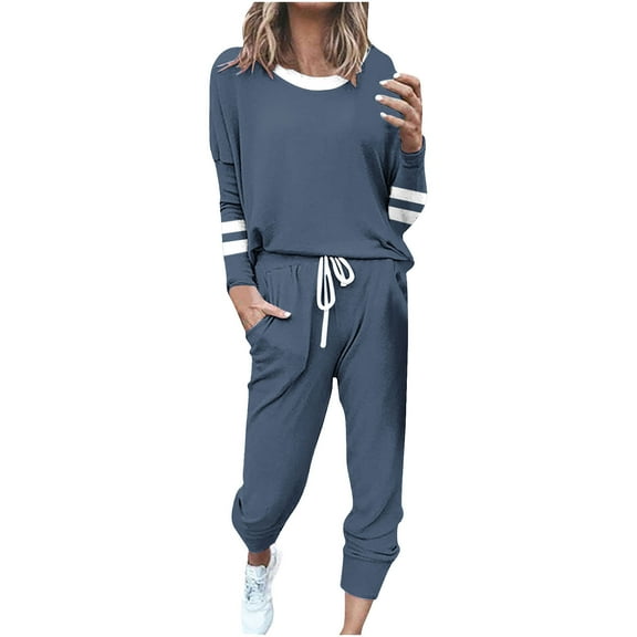 Lcziwo Plus Tracksuit for Women Plus Size Spring Fall Striped Casual Tracksuits Two Piece Outfits Long Sleeve Long Pants Sweatsuits Navy,XXXXL