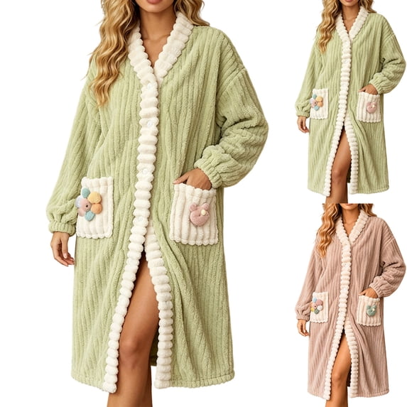 Lcziwo Plush Robe for Women Button Down V Neck Long Nightgown Fleece Winter Warm Cozy Bathrobe with Pockets Green,Free Size