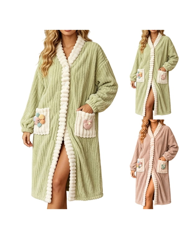 Plush Robe for Women Button Down V Neck Long Nightgown Fleece Winter Warm Cozy Bathrobe with Pockets Pink,Free Size