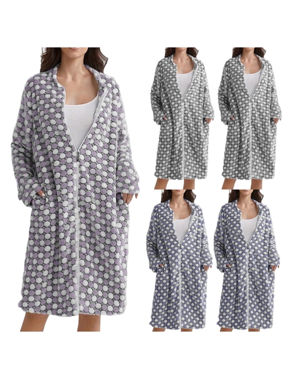 Polka Dot Housecoat for Women Flannel Full Zip Fuzzy Nightdress Texture Oversized Winter Cozy Loungewear with Pockets Blue,L