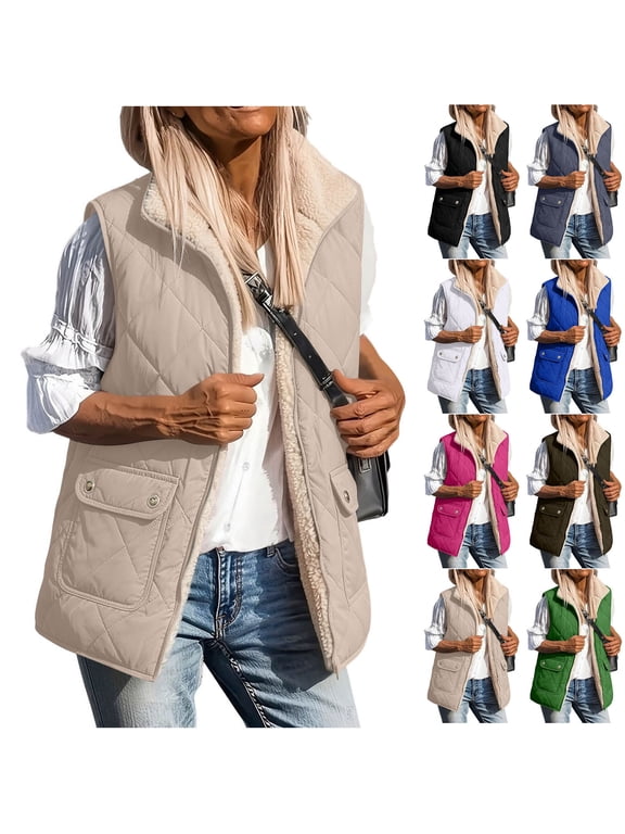 Puffer Quilted Vest for Women Zip Up Sleeveless Sherpa Lined Hooded Coats Thick Fall Winter Warm Jackets with Pockets Khaki,XL