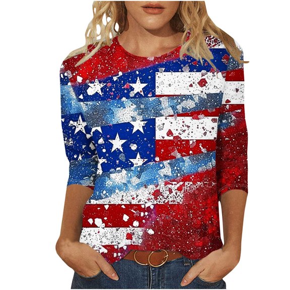 Lcziwo Red White and Blue Blouses for Women Three Quarter Sleeve Crew Neck Tops Casual Dressy Summer 2025 Tunic Tees USA Flag Patriotic Print Blouses Red,L