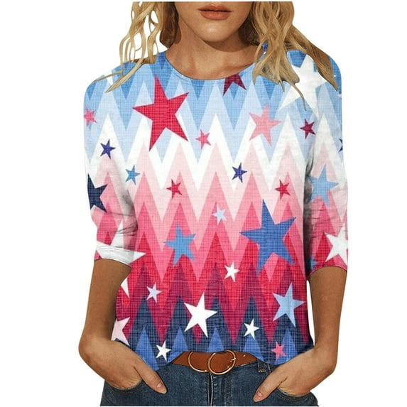 Lcziwo Red White and Blue Blouses for Women Three Quarter Sleeve Crew Neck Tops Casual Dressy Summer 2025 Tunic Tees USA Flag Patriotic Print Blouses Red,M