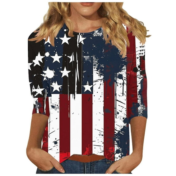 Lcziwo Red White and Blue Wine Shirts for Women Three Quarter Sleeve Crew Neck Tops Casual Dressy Summer 2025 Tunic Tees USA Flag Patriotic Print Blouses Multicolor,M