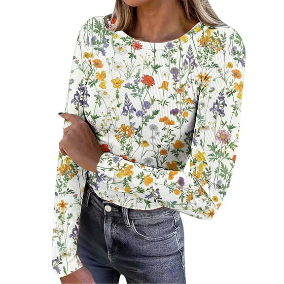 Lcziwo Ribbed Tops for Women Long Sleeve Slim Fitted Crew Neck Pullover Tops Casual Floral Print Fall 2025 Blouses Yellow,L