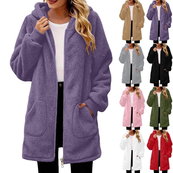 Lcziwo Sherpa Fleece Jacket for Women Zip Up Cuffed Long Sleeve Hooded Coats Cozy Warm Winter Loose Long Outerwear with Pockets Khaki,XXL