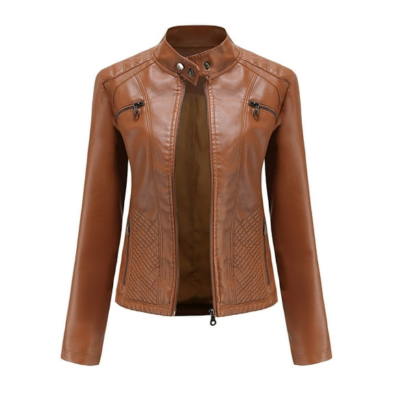 Lcziwo Short Leather Jacket for Women Motorcycle Biker Casual Trendy 2025 Jackets Long Sleeve Plain Outerwear Zip Up Standing Collar Cardigan Coats Gold,XXL