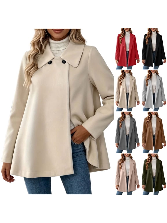 Short Trench Coats for Women Wool Blend Button Swing Open Front Jackets Lapel Collar A-Line Loose Overcoat Black,L