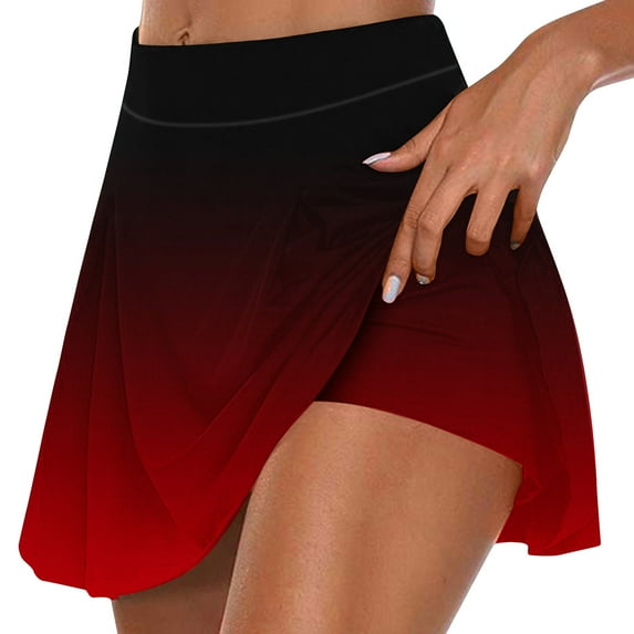 Lcziwo Skirts for Women Midi Length Tummy Control Gradient Skorts Athletic Yoga Running Tennis Skirts Lightweight Summer 2025 Fake Two Piece Skorts Red,M