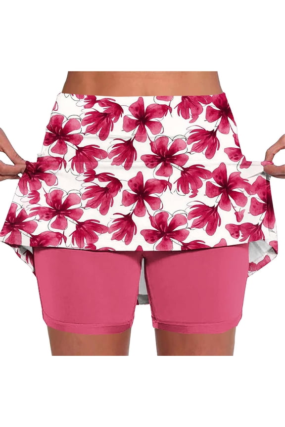 Skirts for Women Fitted Boho Floral Print High Waist Fitted Skorts Casual Summer Tennis Golf Skirts with Pockets Hot Pink,S