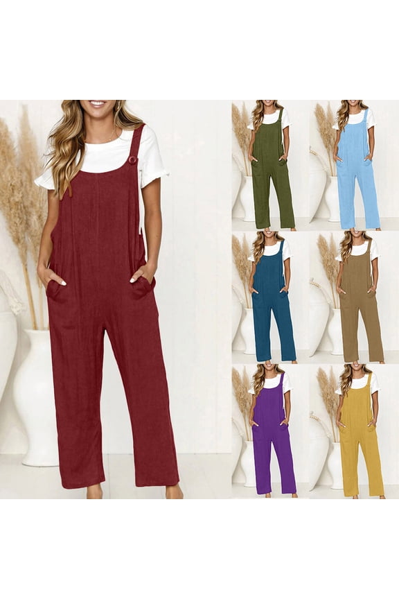 Sleeveless Overalls for Women Cotton Linen Solid Loose Bib Jumpsuits Plus Size Wide Leg Casual Trendy Outfits with Pockets Purple,XXXXL