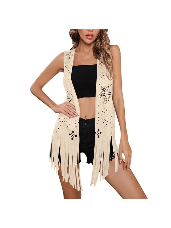 Sleeveless Tassel Vest Women Western Hippie Faux Suedes Outerwears Hollowed Out Fringe Cardigan Cowgirl Ethnic Tops Khaki,XXL
