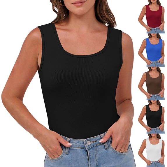Lcziwo Solid Crew Neck Tank Tops for Women Ribbed Sleeveless Slim Fitted Blouses Y2k Workout Basic Tees Blue,M